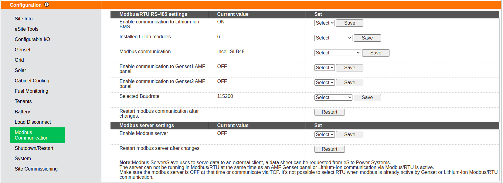 Figure A.1. eSite Web Configuration/Modbus Communication page.